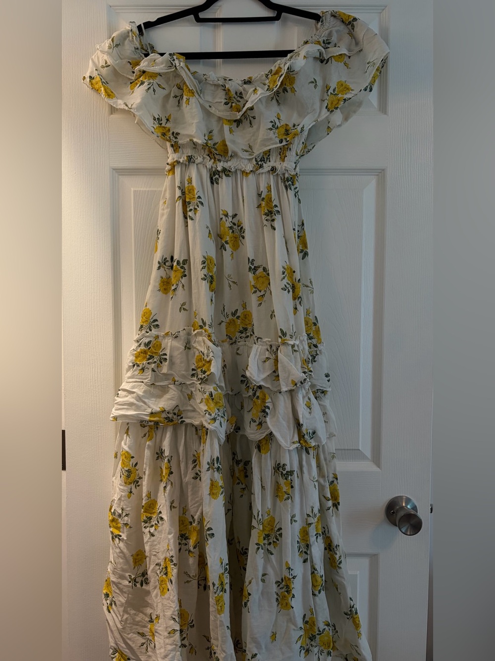 White Off the Shoulder Maxi Dress with Yellow Floral Print